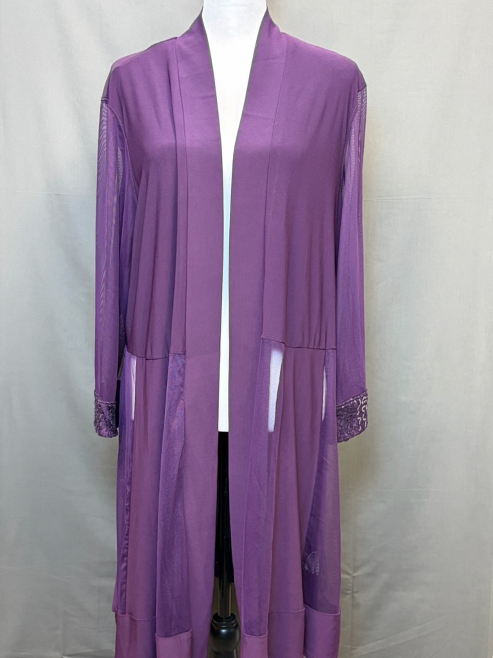 R&M Richards Woman Purple Sheer Duster Cardigan Mesh Lace Open Front Jacket XL